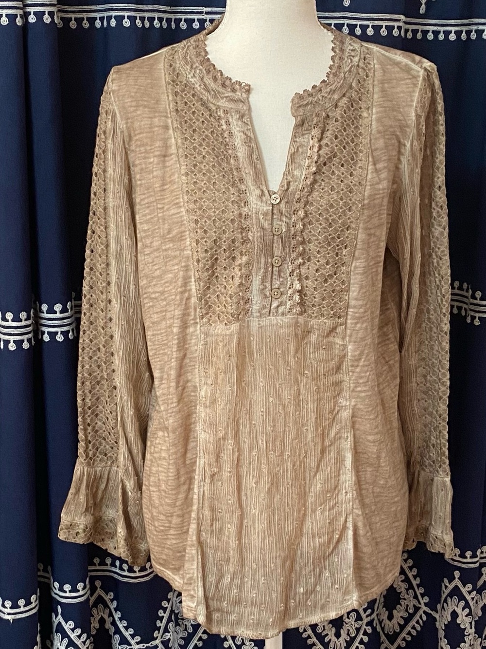 Vintage America Beige Eyelet Henley Blouse